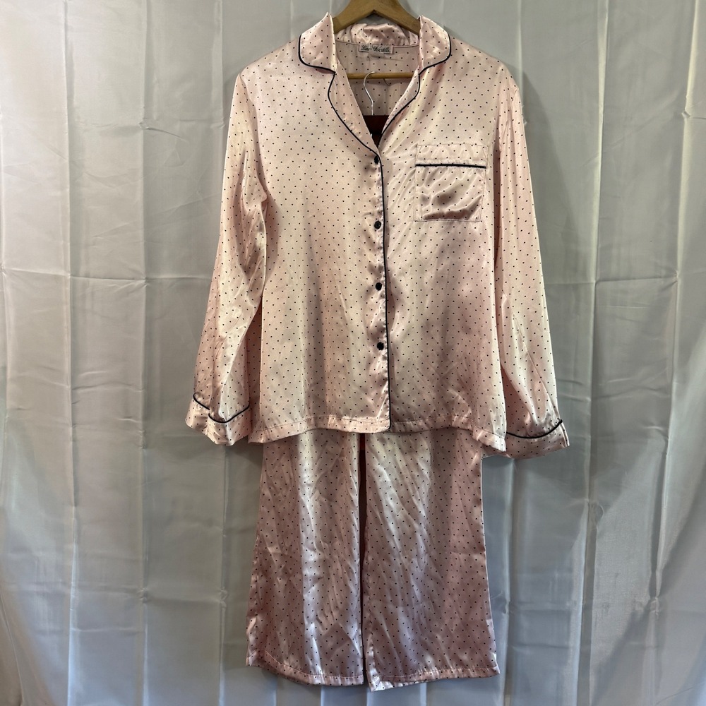 Linea Donatella Pink Satin Heart Print Pajama Set Womens M 2PC Sleep pjs sexy